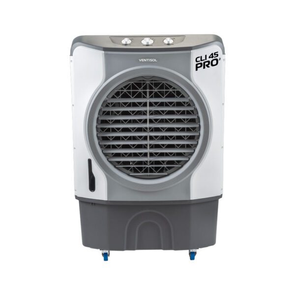 Climatizador Evaporativo Ventisol CLI 45 PRO² 45 litros branco e cinza, visão frontal destacando o painel de controle mecânico e a grande grade de ventilação.