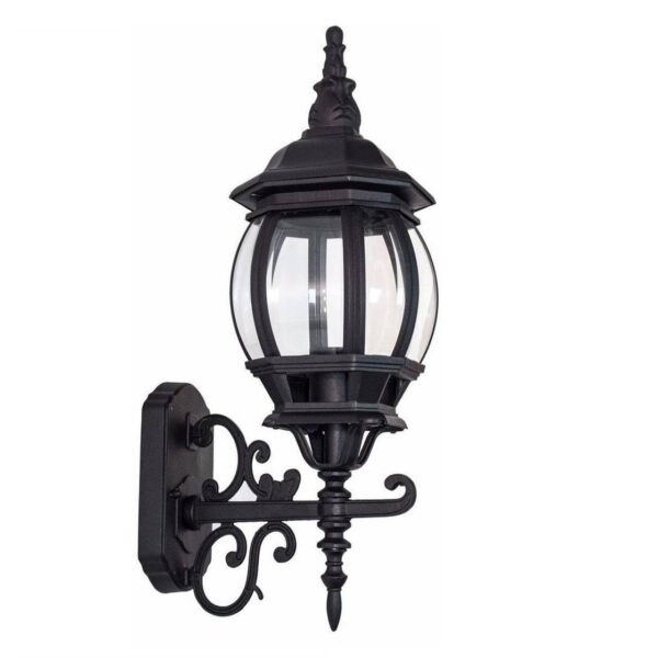 Arandela Colonial 8 Faces preta em alumínio e vidro transparente com suporte decorativo clássico para iluminação de ambientes